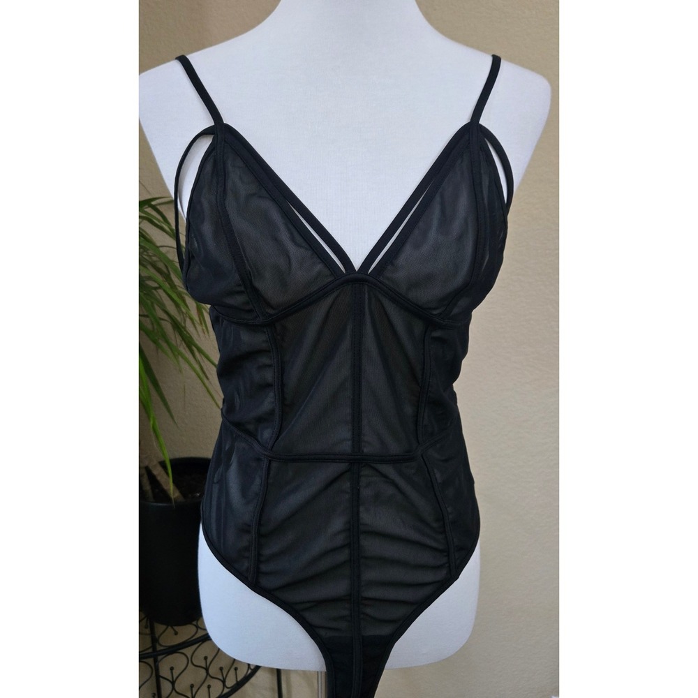 Fashion Nova Women Large Black Mesh Sheer Corset‎ Bustier Clubwear Sexy